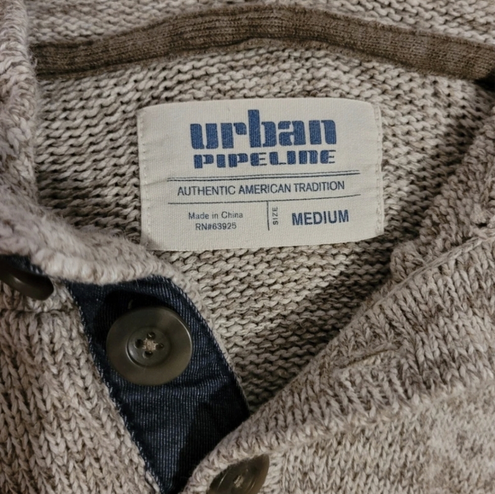 Urban Pipeline Hoodie Sweater Mens Pullover Medium Henley Tan Beige Kangaroo Pkt - Picture 5 of 7